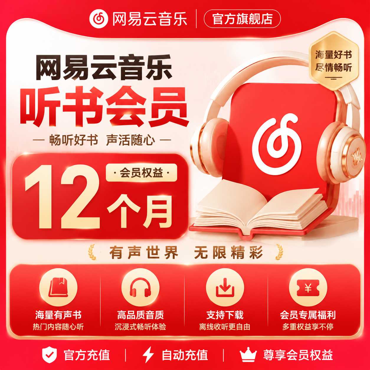 【自动充值】网易云音乐听书会员12个月